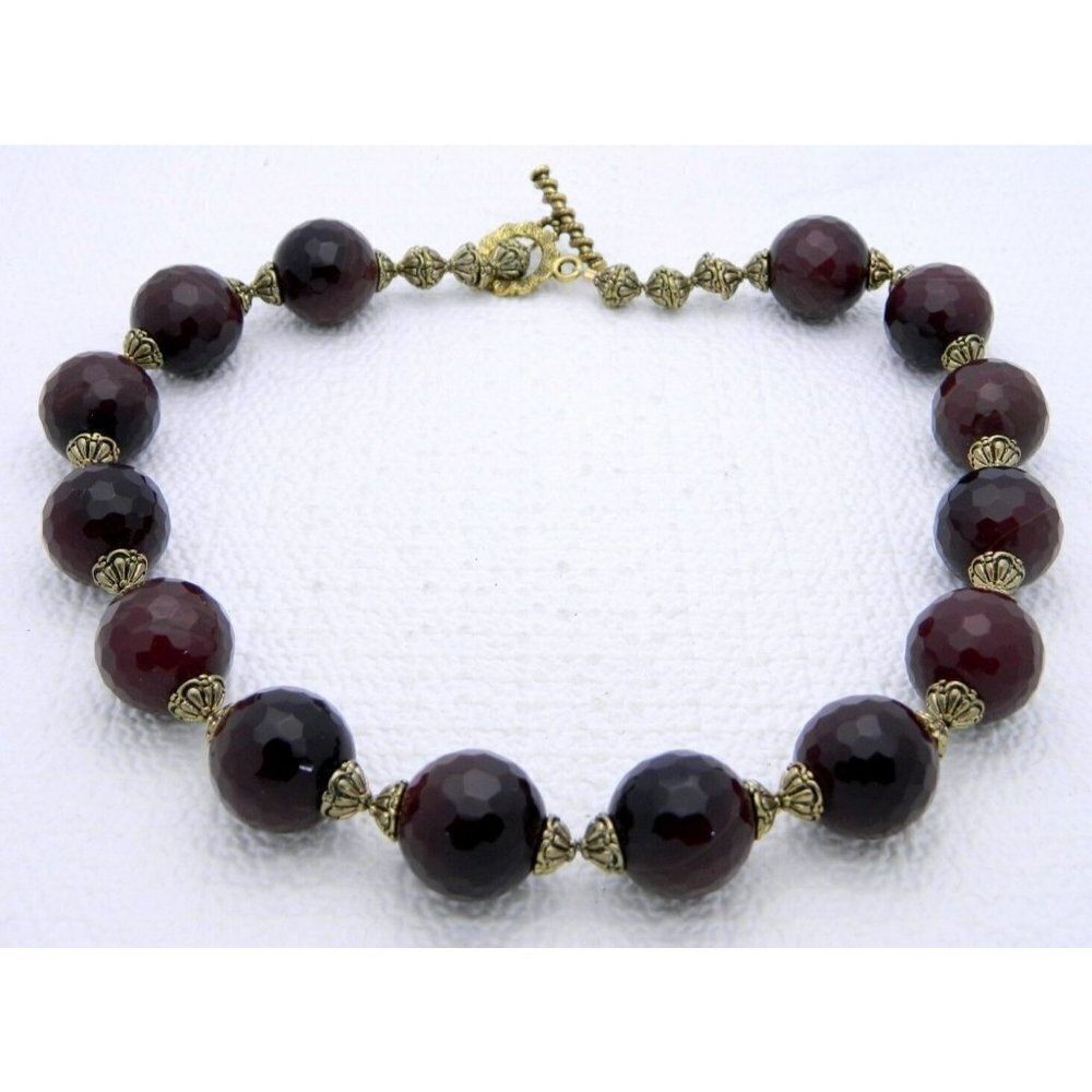 VTG Styled Heavy Gold Tone Faceted Burgundy Glass Beaded Choker Necklace